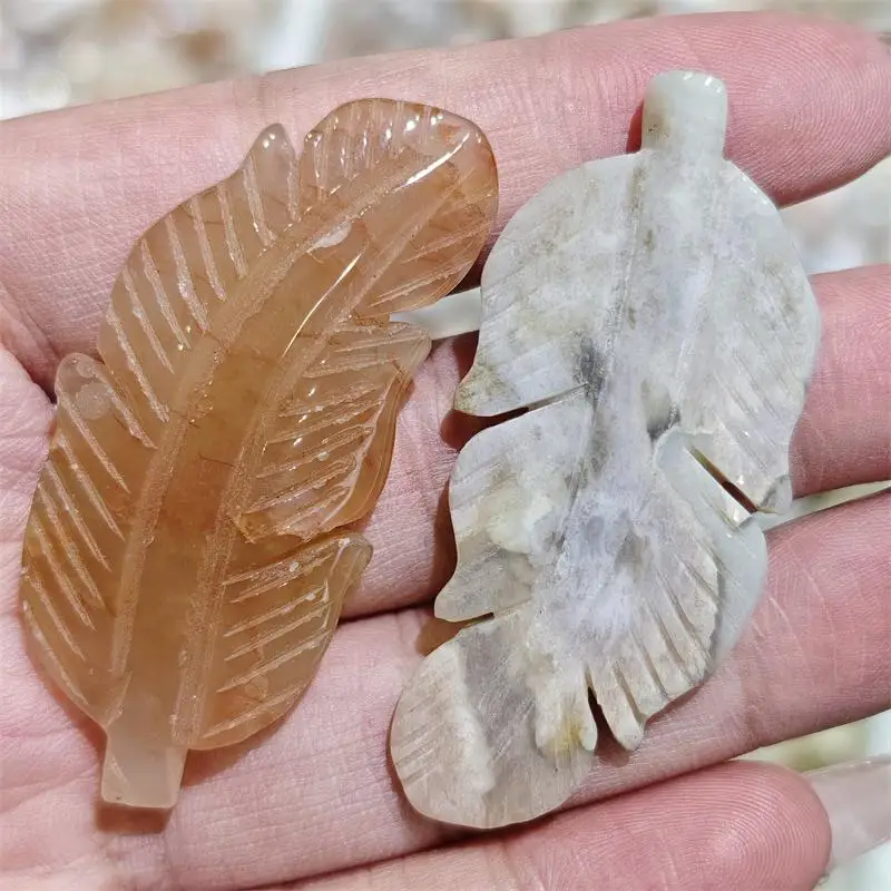 Natural Flower Agate Feather Carving Crystal Love Healing Fengshui Gemstones HomeDecoration Holiday Gift 2PCS