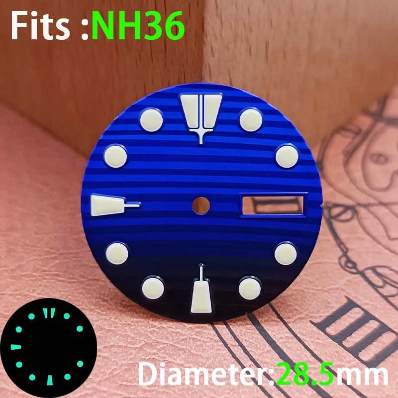 إكسسوارات قرص معقمة للساعة تقويم مضيء مخطط من الفولاذ المقاوم للصدأ 28.5 ملم لقطع غيار ساعة الحركة NH36