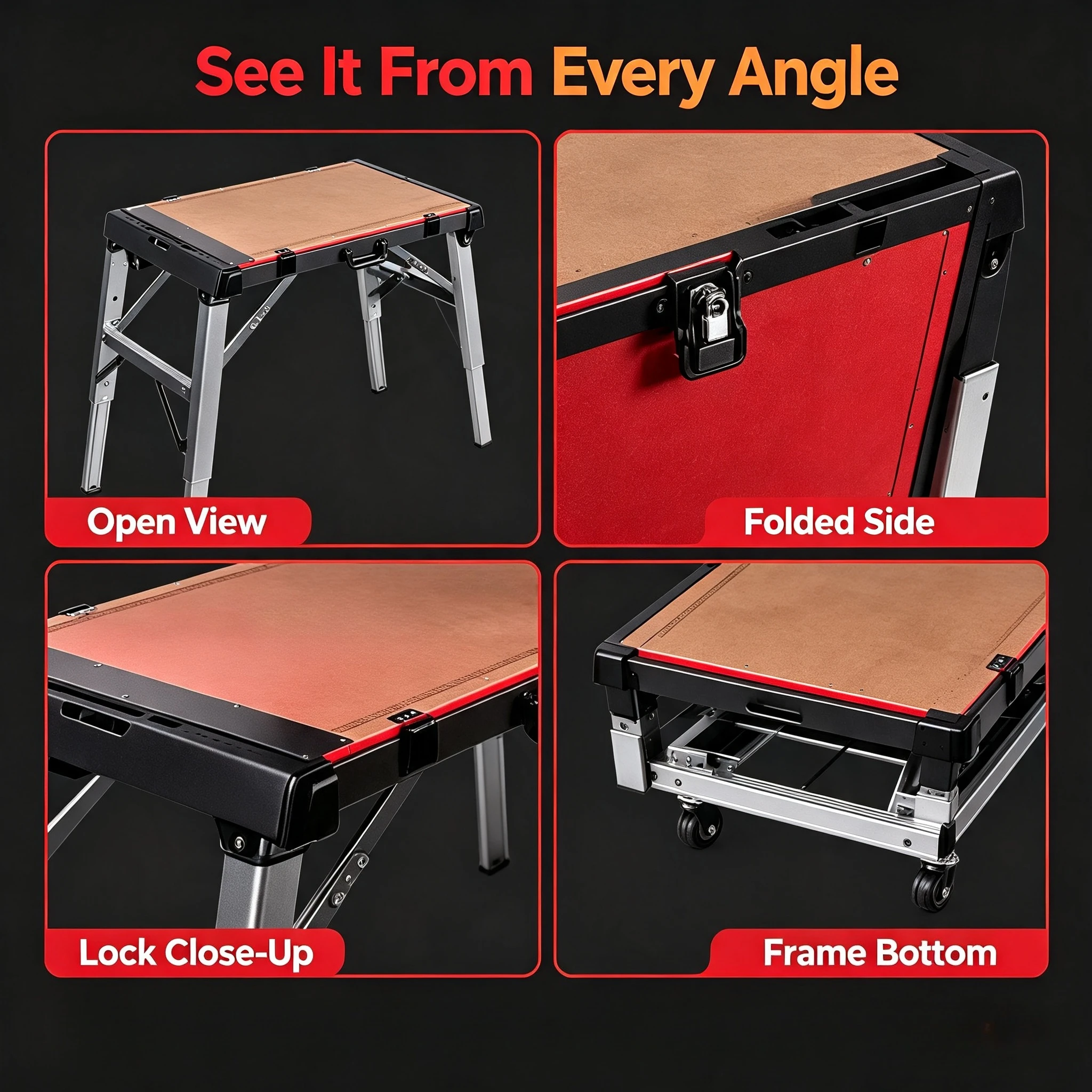 Multifunctional folding table, 200kg load-bearing, aluminum frame, replaceable top, suitable for woodworking and DIY.