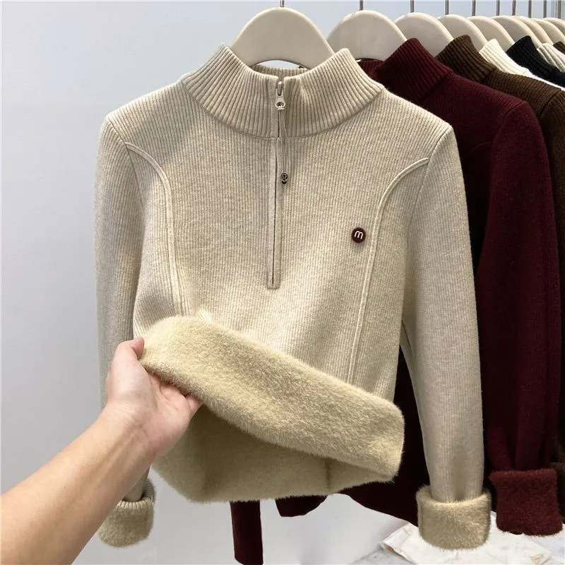

Autumn Winter Women's Thickened Stand Up Collar Sweater Casual Solid Half Open Collar Zipper Velvet Warm High Neck Pullover