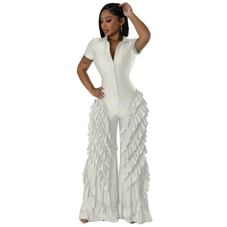 New Women Summer Short Sleeve Casual Ruffles Wide Leg Pants Jumpsuits Turn Down Collar Button Street Sexy Jumpsuit Party Rompers