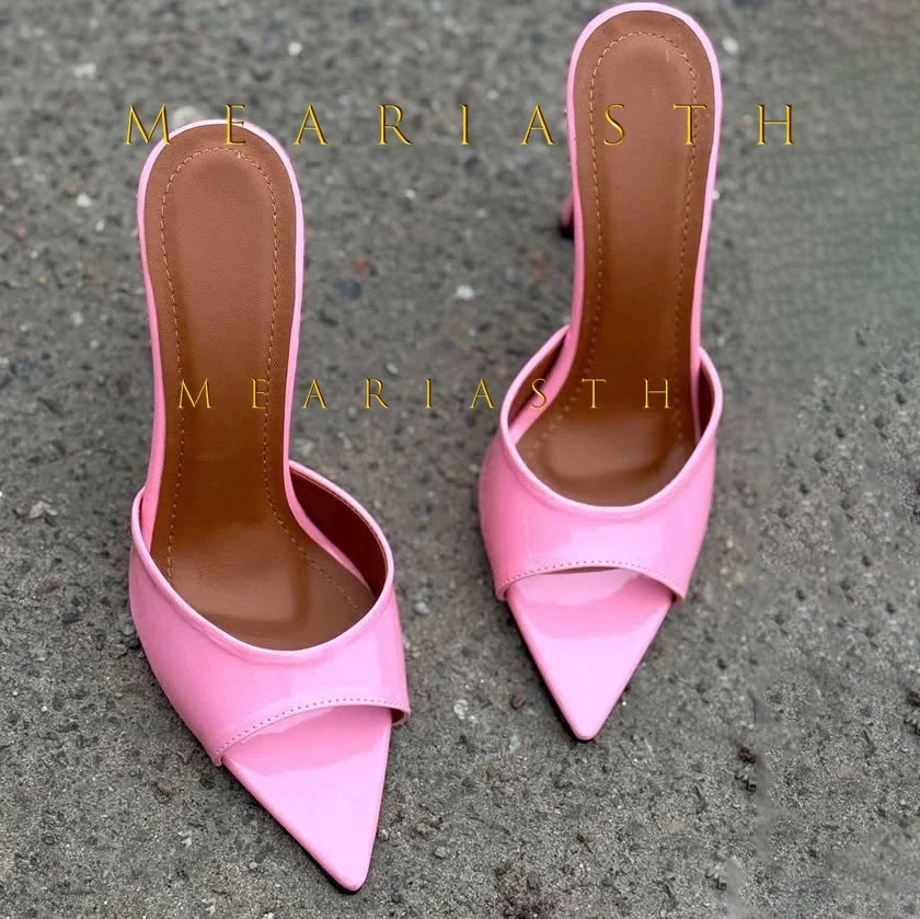 

2025 Women patent leather High-heels Fashion Stiletto High Heels Slippers Flip Flops Woman Pointed Open Toe Slides Party Shoes