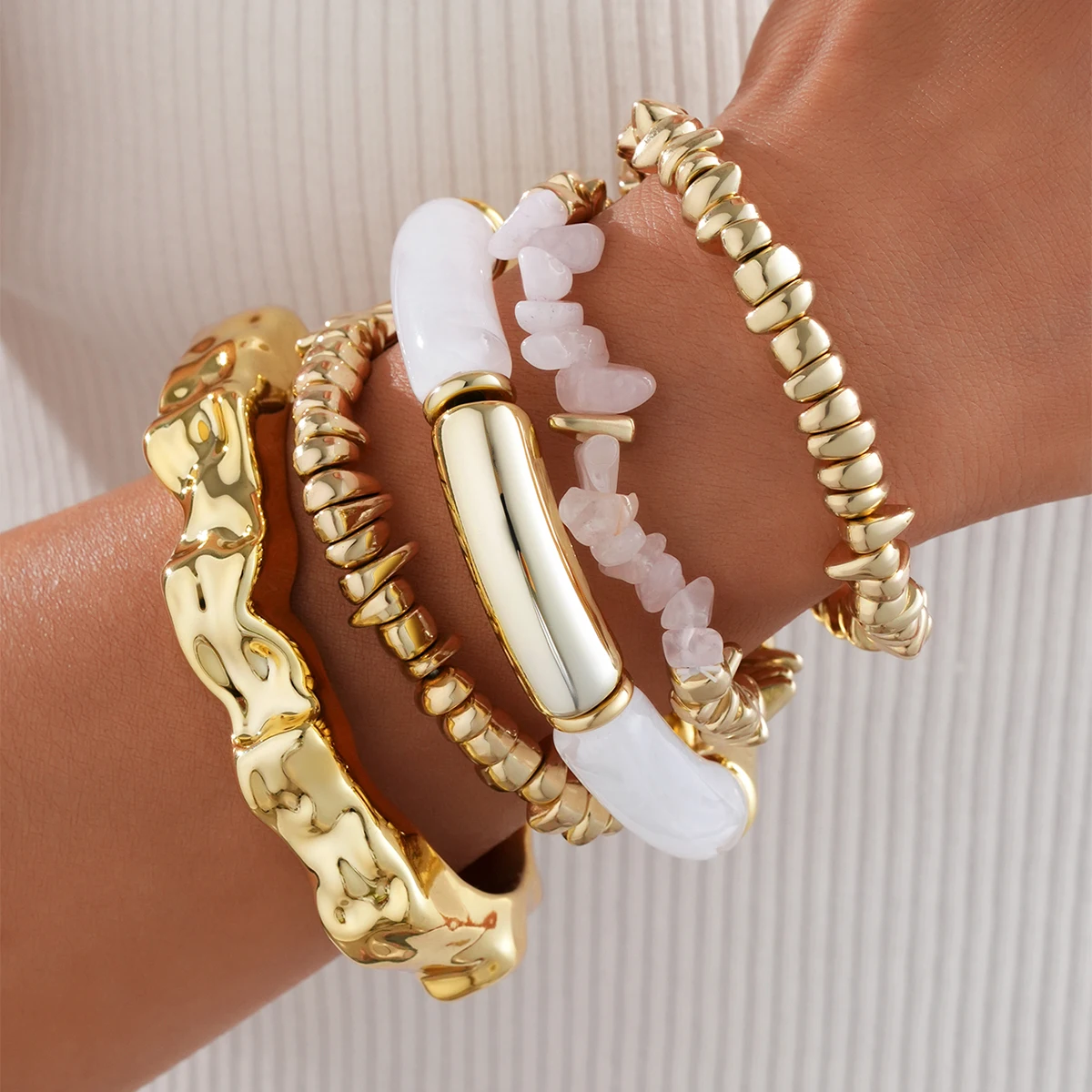 5pcs Boho Irregular Beads Bracelet Set for Women Men Vintage Punk Exaggerated Gold Color Stackable Bracelets Jewelry Gifts New