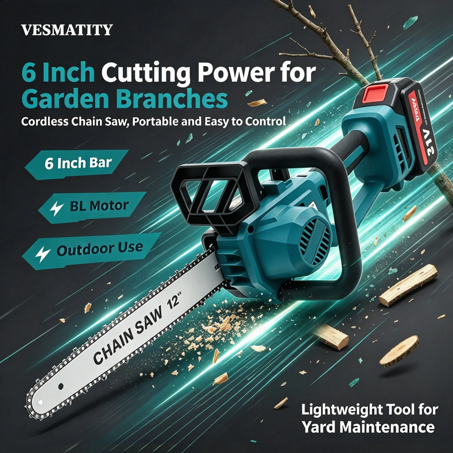 Vesmatity 12 Inch Woodworking Brushless Chainsaw 6600W 18V Battery Auto Oiler Cordless Electric Saw Garden Tree Pruning Cutting