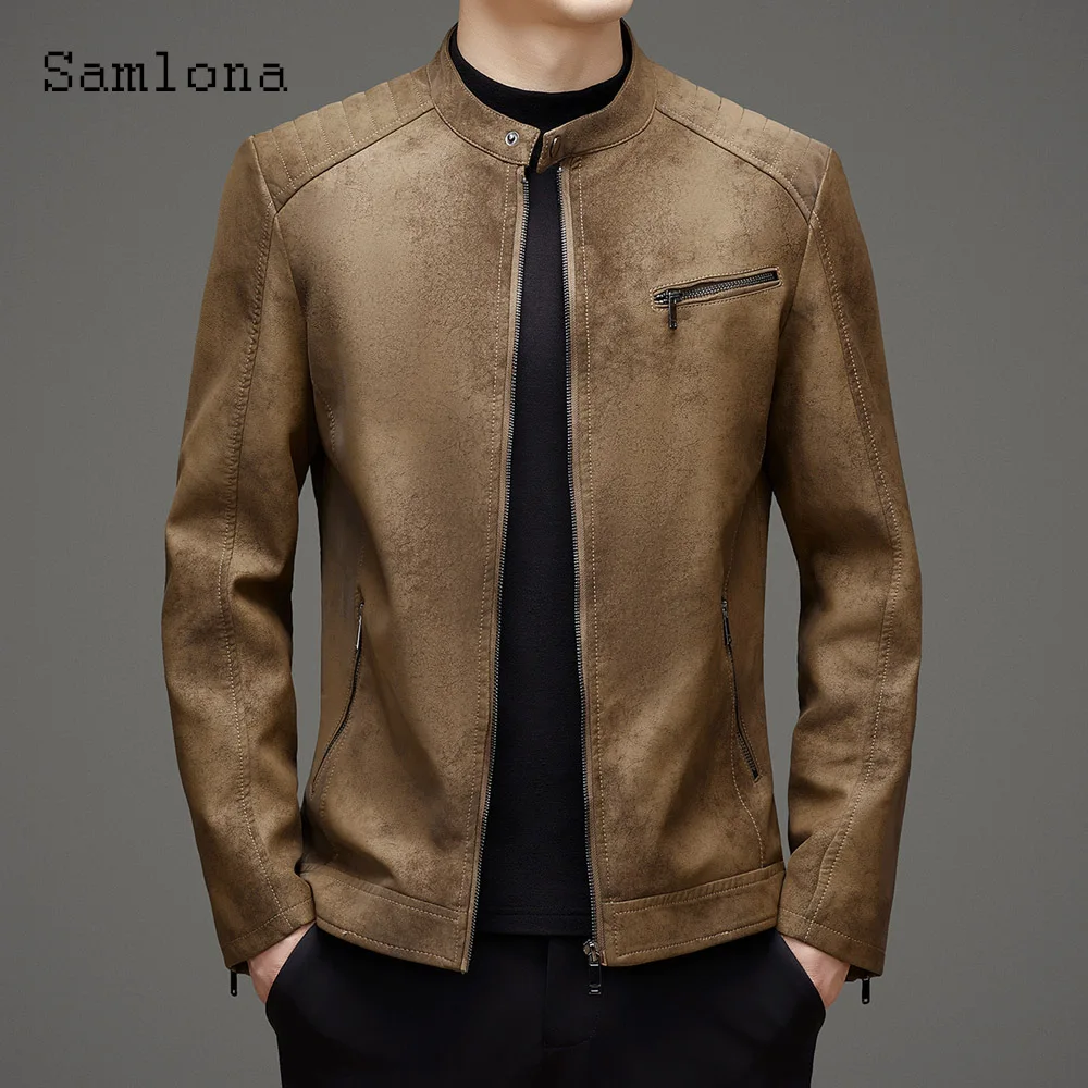 Men Cool Luxury Matte Pu Leather Jackets Mandarin Collar Tops Outerwear 2024 Stylish simplicity Fashion Zipper Pocket Coats New
