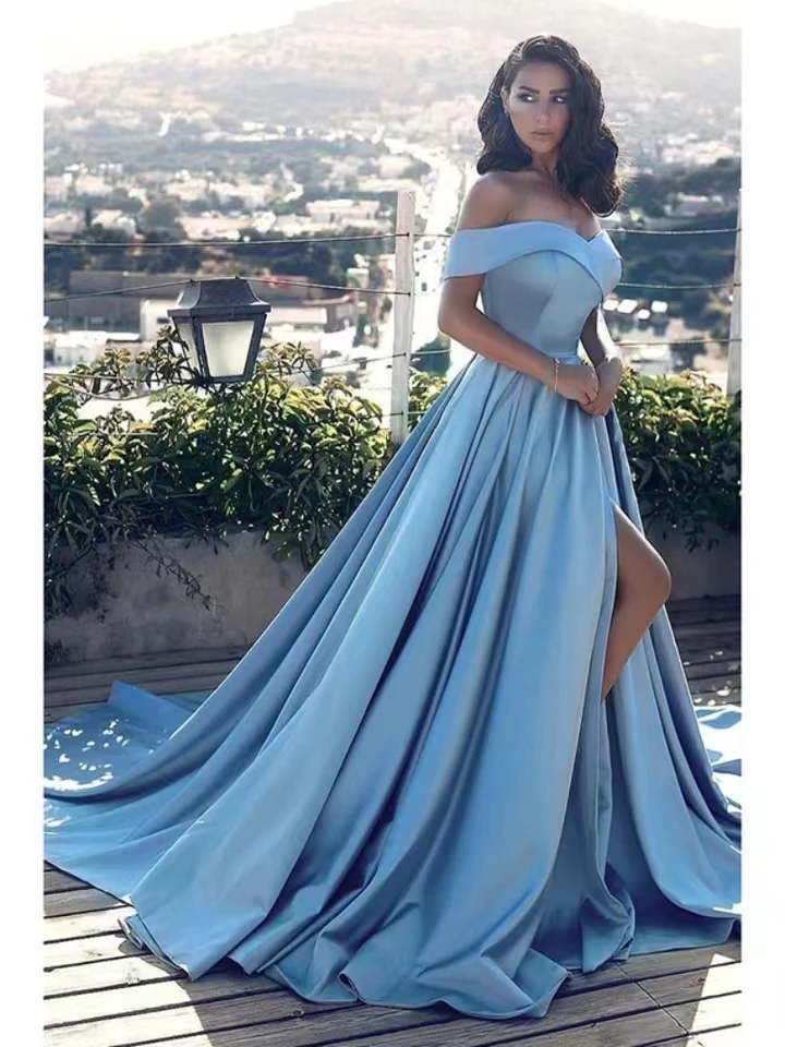 

Blue Elegantes Satin Off the Shoulder Prom Dress Sexy High Side Split Evening Party Dress 2024 Women Plus Size Celebrity Dresses