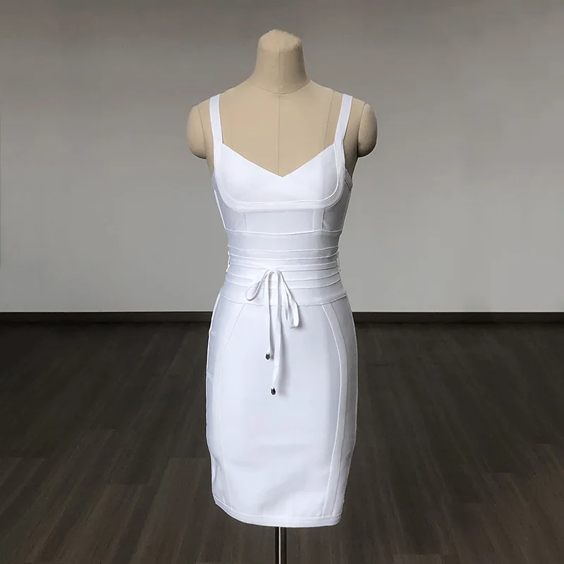 セクシーなVネックバックレススパゲッティストラップ膝丈包帯ドレス