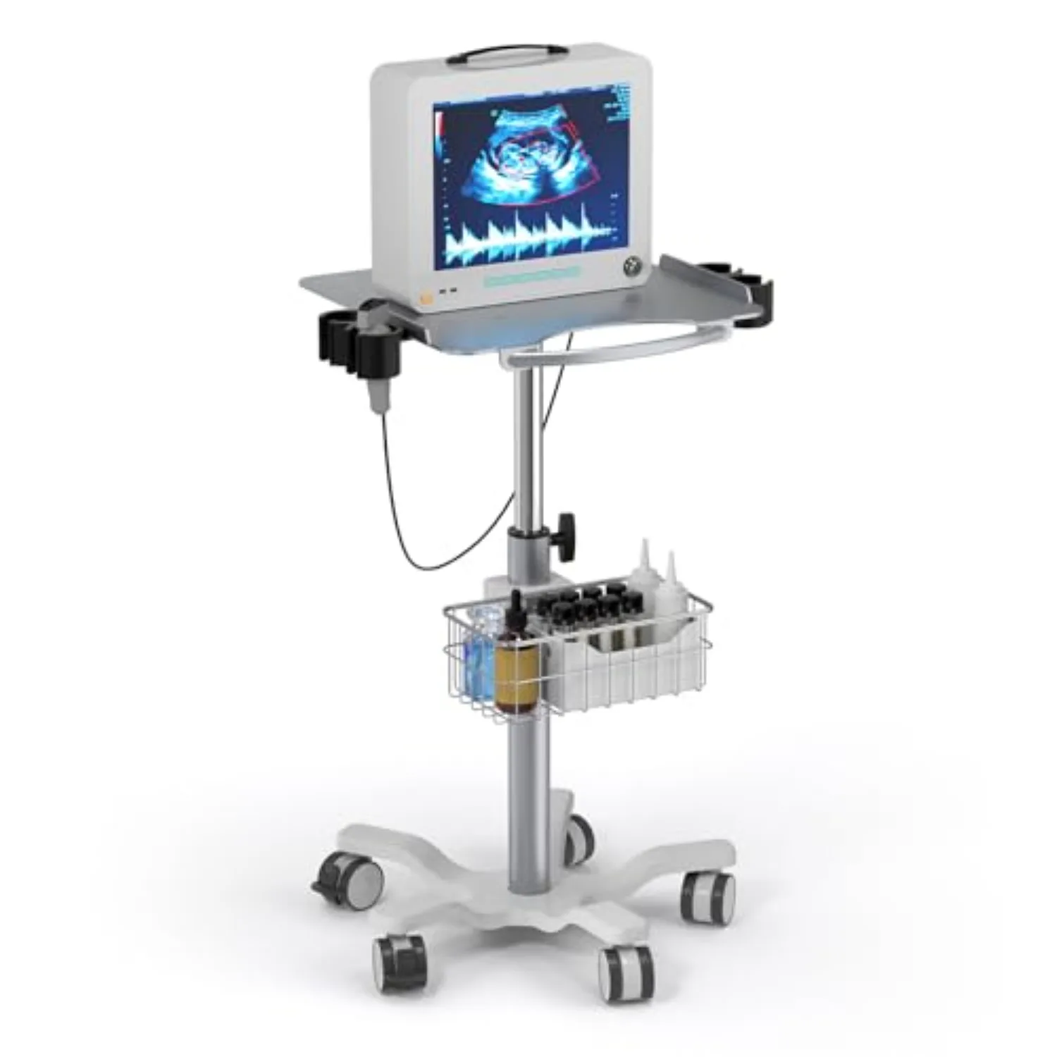 Medical Trolley Cart with Wheels, Mobile Dental Cart with Basket | Height Adjustable Scanner Cart for Ultrasound, EKG