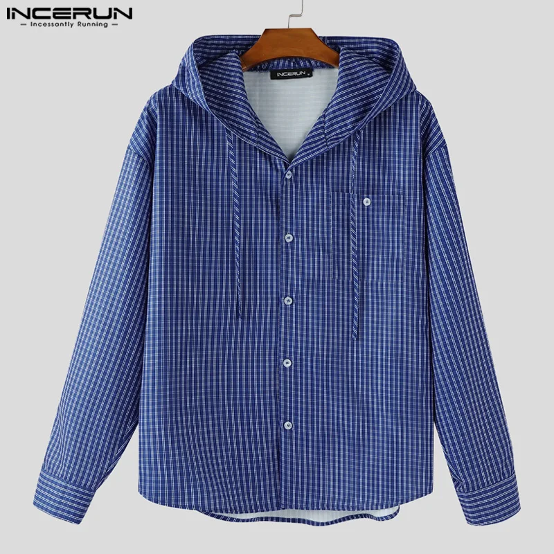 

INCERUN Men Plaid Shirt Hooded Long Sleeve Button Loose Casual Men Clothing Autumn Streetwear 2025 Fashion Shirts Male Tops