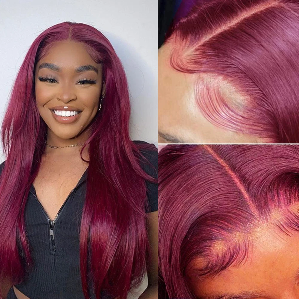 200% Burgundy 13x4 Straight HD Lace Frontal Wigs Human Hair 99j Red Colored Glueless Lace Front Human Hair Wigs 4x4 Closure Wig