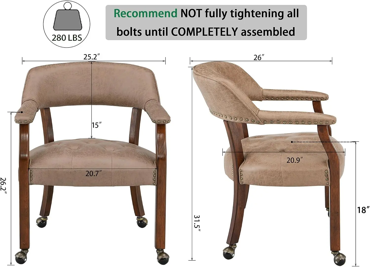 Large Dining Chairs with Casters and Arms, Rolling Dining Chairs with Wheels, Solid Wood Office Desk Chairs, 26“Dx25.2 Wx31.5“H,