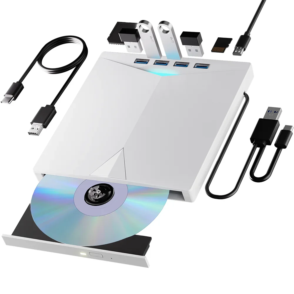

External CD DVD Drive with 4 USB Ports and 2 TF/SD Card Slots, USB 3.0 Portable CD/DVD Disk Drive Player Burner Reader Writer