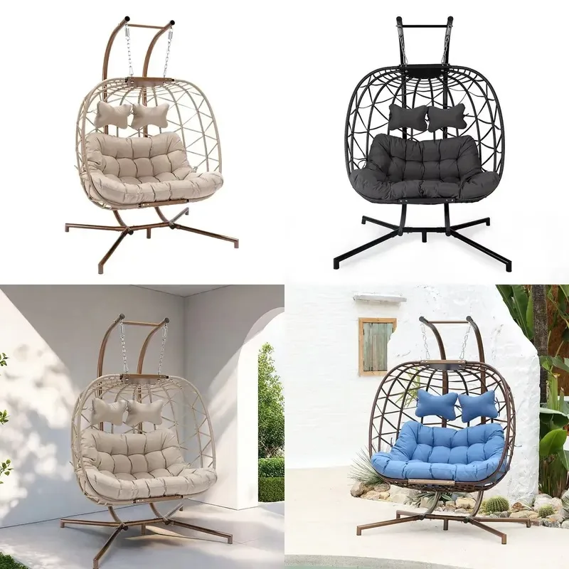 Outdoor Garden Furniture Oval Hanging Chair Two Seater Grass Rattan Double Egg Chair Large with Stand