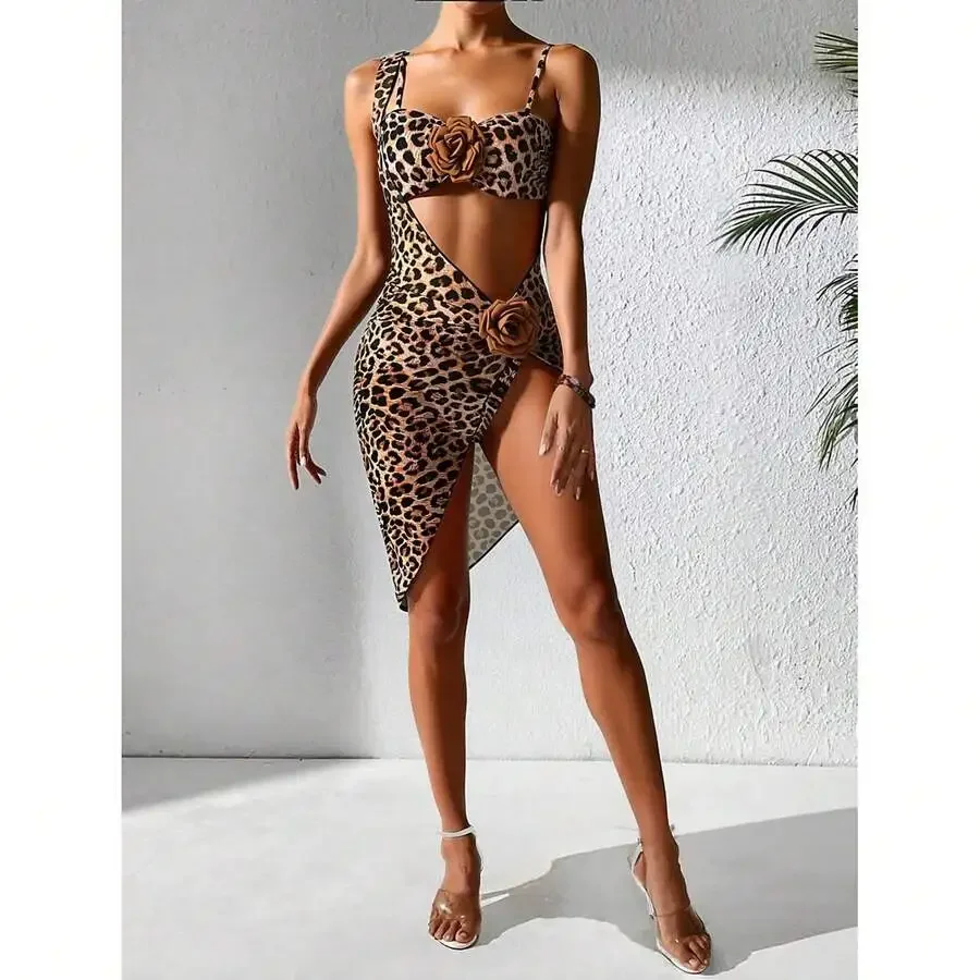 

Leopard Print Bodycon Dress With 3D Flower Asymmetrical Cutout Party Dress For Women