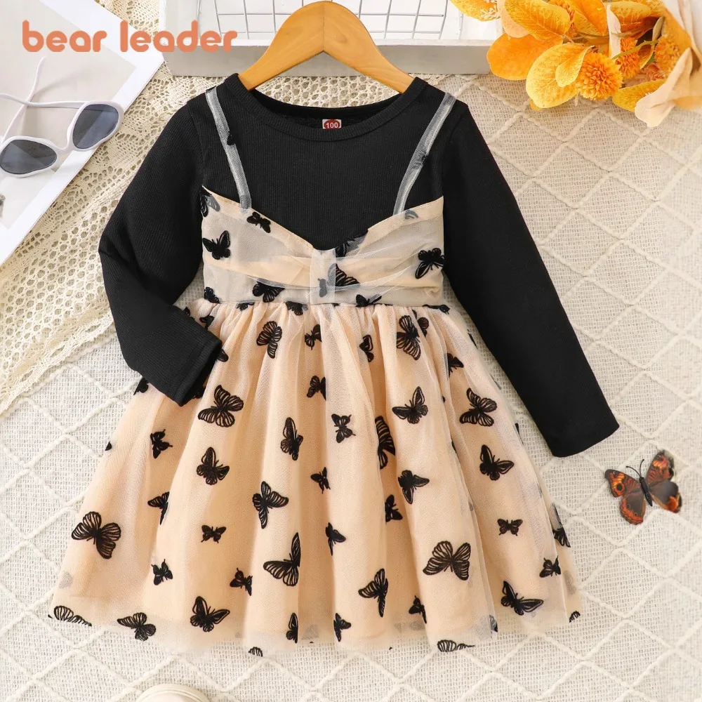 

Bear Leader Kids Clothes Spring Autumn Long Sleeve Fake Two Piece Strap Mesh Dress Butterfly Print Party Girl Princess Dresses