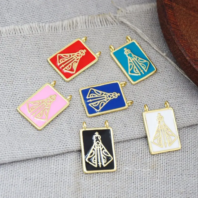 

2Pcs Our Lady Of Aparecida Rectangle Square Pendant Charms Gold Color Enamel Copper Spiritual Approx 12x18mm Jewelry For Women