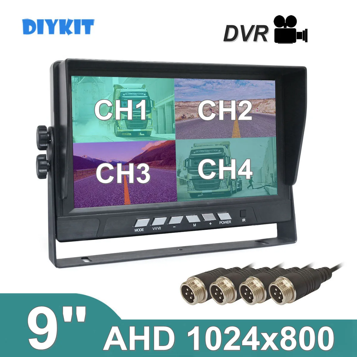 DIYKIT 9inch AHD IPS 1024x800 Video Recording HD Car Monitor Rear View Monitor Support 128GB SD Card AHD Car Camera