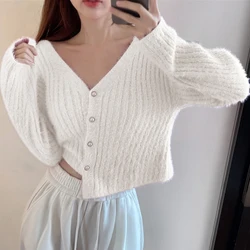 Autumn Women's Cardigan Elegant Solid Color V-Neck Sweater Mink Fur Long Sleeve Knitted Pearl Buckle Decoration Short Pullovers