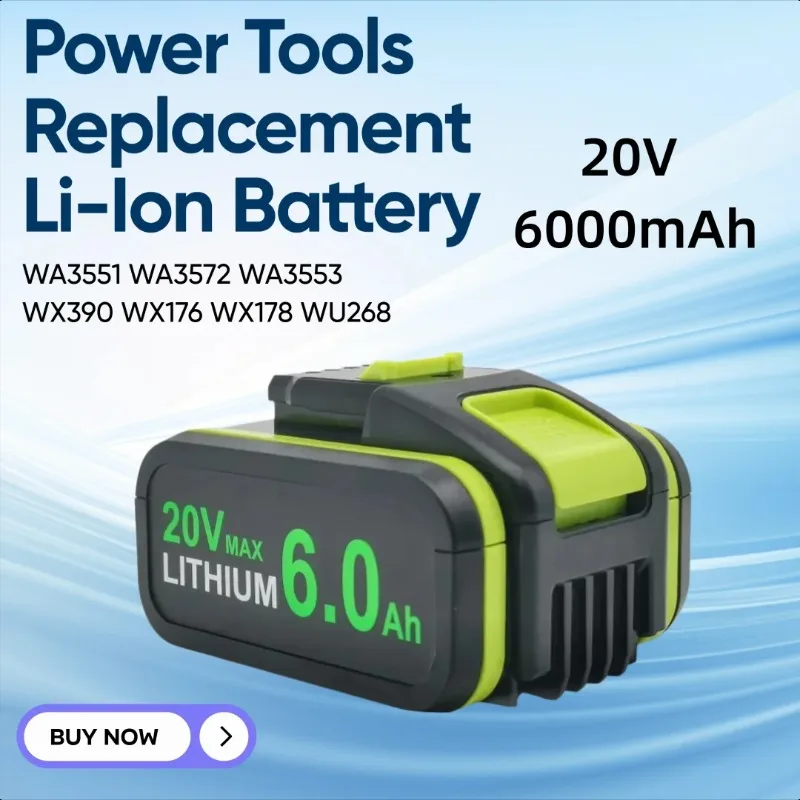 

20V 6000mAh for Worx WA3551 WA3572 WA3553 WX390 WX176 WX178 WU268 Cordless Power Tools Replacement Li-Ion Battery