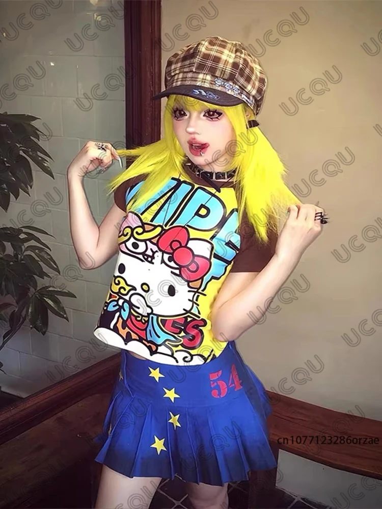 2026 جديد الكرتون لطيف سانريو مرحبا كيتي أنيمي Y2K تي شيرت مطبوع للنساء الصيف قصيرة الأكمام عادية تيز شارع العليا القوطية
