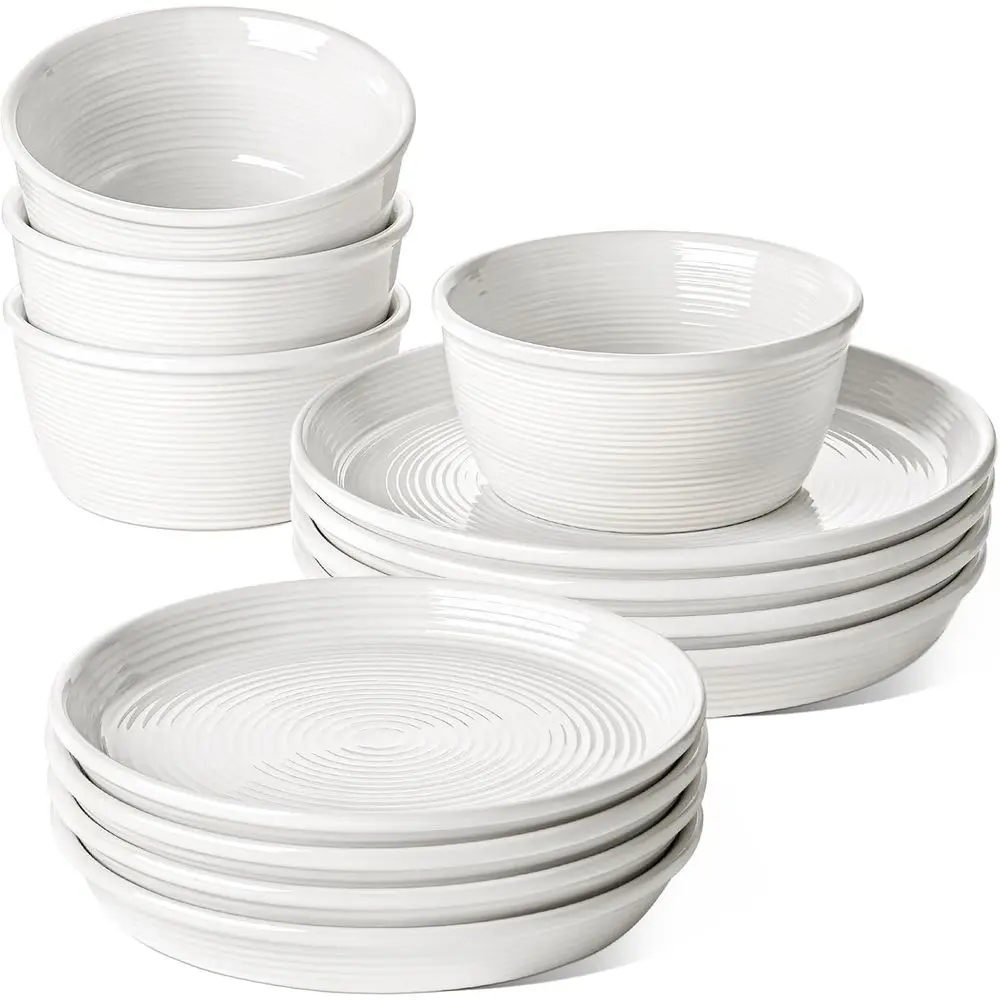 

Набор посуды, 4-предметный комплект из керамических тарелок и мисок, подходит для микроволновой печи и посудомоечной машины, складывающийся, 12 предметов (10 обеденных тарелок + 8 салатных тарелок + 6