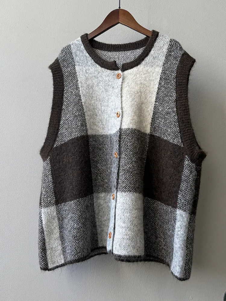 WHTREND Farbe Block Plaid Gestrickte Pullover Weste Für Frauen Rundhals Einreiher Strickjacke Lose Mäntel Mode Herbst Winter