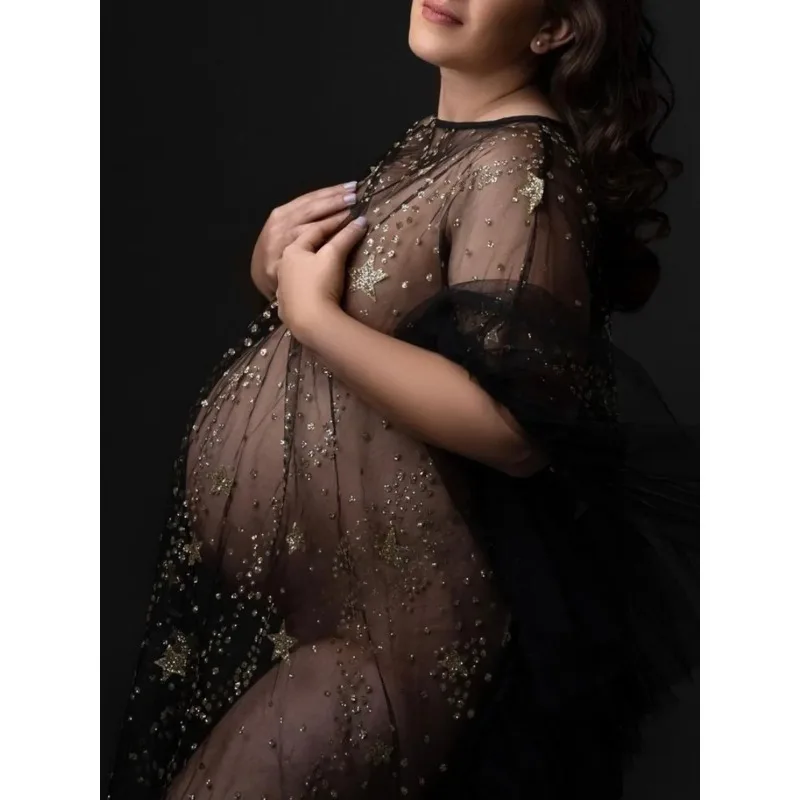 Pregnant Women Mini Dress For Photography Props Solid Color Premama Sequined Stars Photoshoot Dresses Maternity Baby Shower Gown