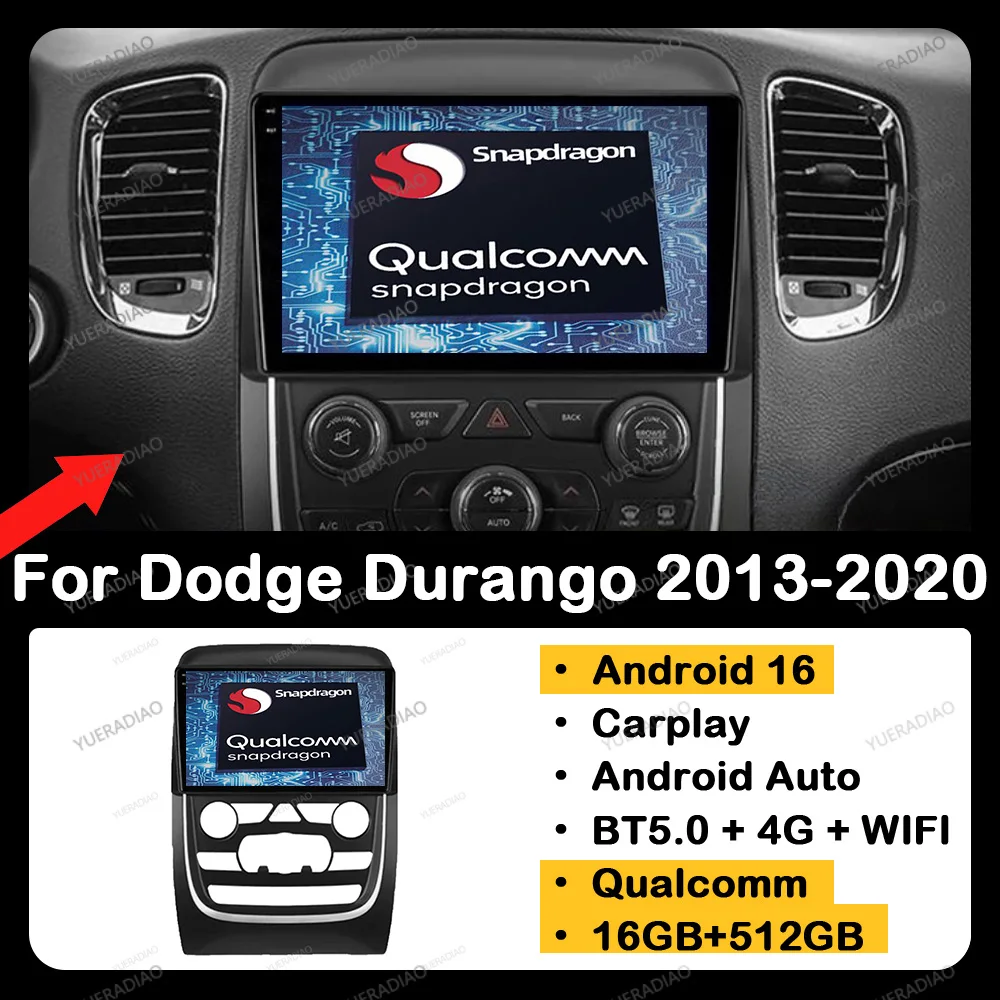 Radio para Auto Android 16 para Dodge Durango 3 WD 2013-2020, Unidad Principal con Bluetooth, Reproductor Multimedia de Video, 2DIN, 4G, WIFI, GPS, Navegador, Qualcomm, QLED