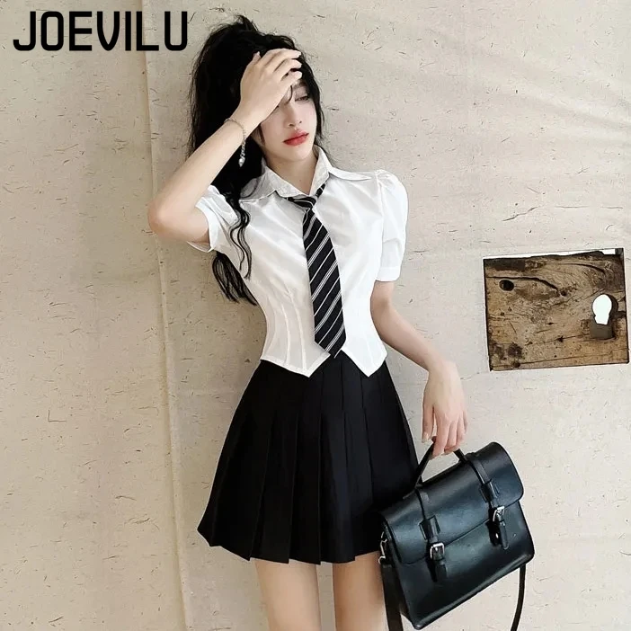 JOEVILU Cute Shirt Women\'s Tie Bubble Short Sleeved Crop Top Summer Skinny Y2k Tops Japanese Academy Style T-shirt Slim Fit Tee