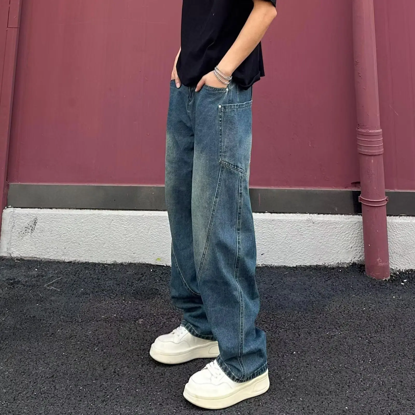 Cargo Male Clothes Korean Popular Clothes Jorts Baggy Retro Scimitar Jeans Trendy Brand New High Street Loose Straight Pants