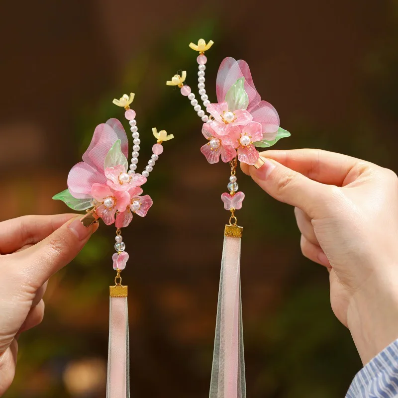 

Kids Chinese Style Hair Clip – Pink Butterfly Flower Design with Tassel, Cute Hanfu Accessories for Girls Kids Hair Accessories