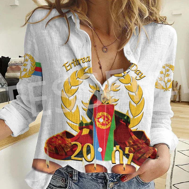 Africa County Ethiopia Eritrea Tigary Rasta Reggae Lion Tattoo Retro 3DPrint Button-Down Shirts Long Sleeve Women Casual Shirt 0