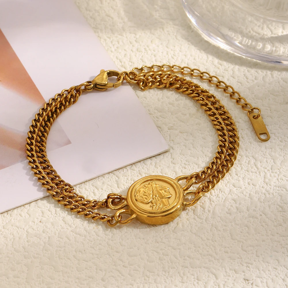 

Women's Stainless Steel 18K Gold Plated Bracelet with Gold Double-Layer Chain Queen Portrait Design Jewelry Gift
