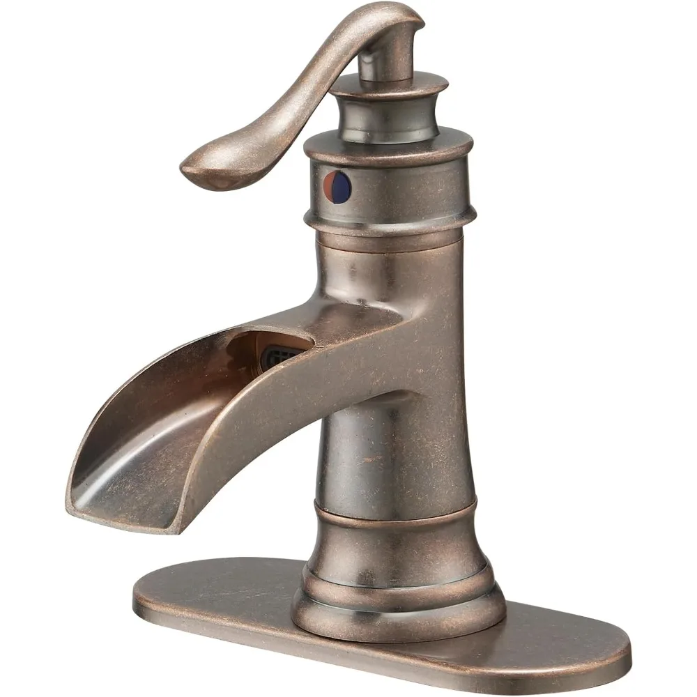 

Antique Brass Copper Bathroom Faucet, 1-Hole Single Handle Waterfall Mixer, Deck Mount Commercial Vanity Basin