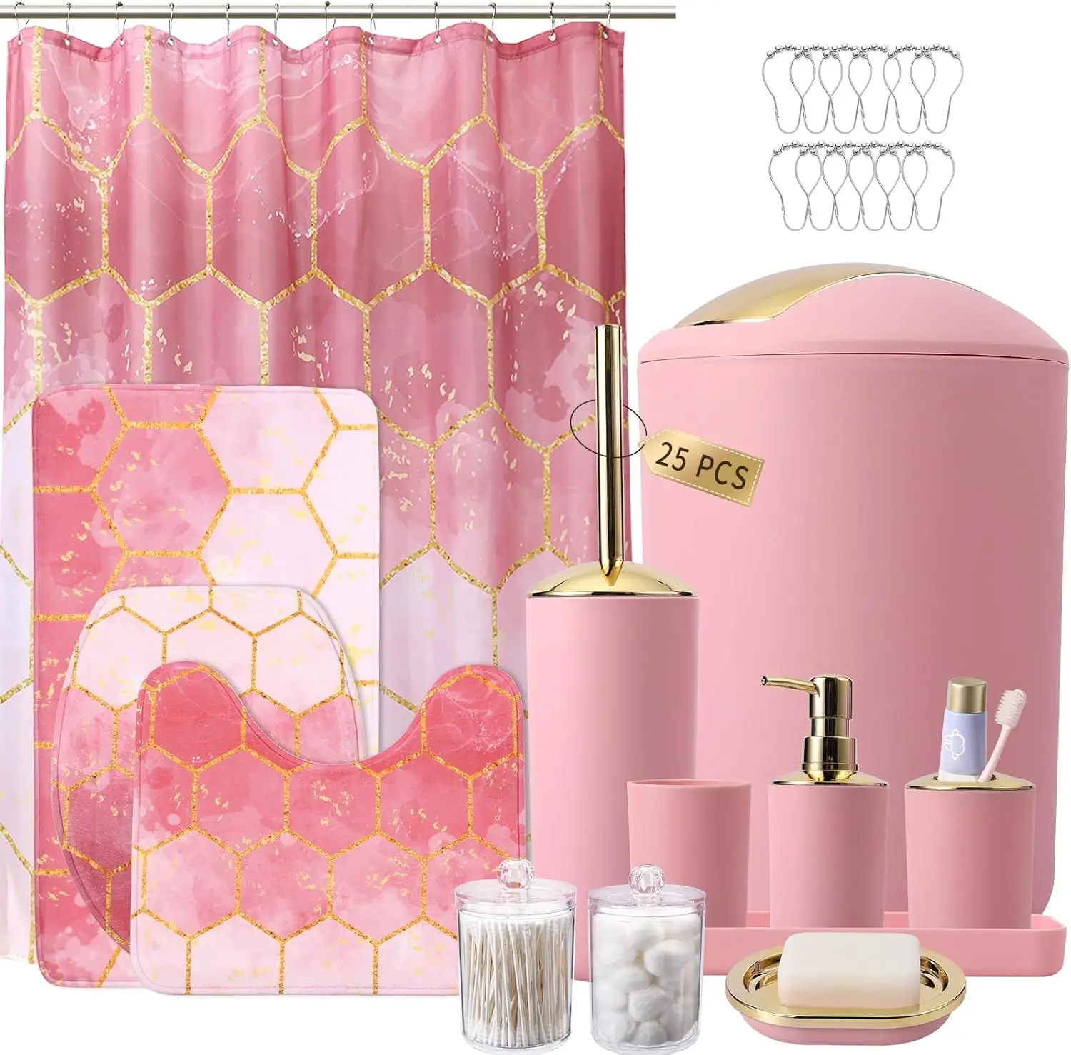 

Набор для ванной комнаты из 25 предметов в розово-золотых тонах: шторка для душа, коврики, мусорное ведро, ершик для унитаза, дозатор для мыла – для домашнего декора