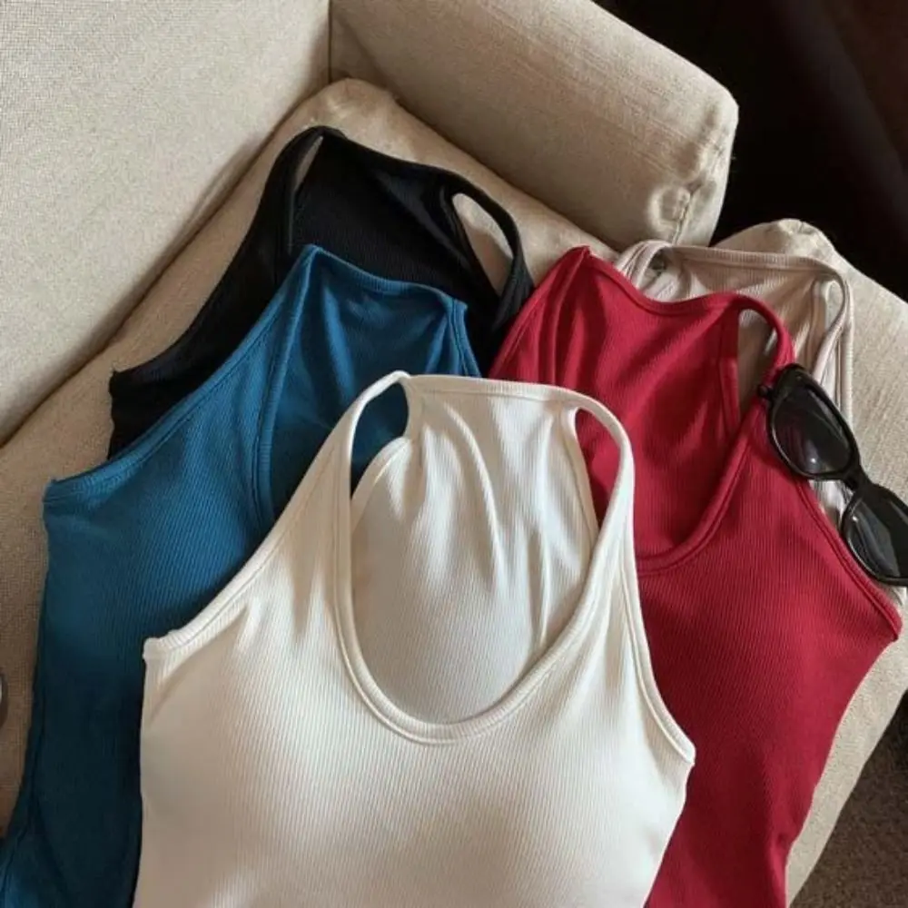 

Soft Mimic Halter Sleeveless Crop Top Slim Fit Deep V-Neck Sweet Girl's Tank Top Undershirts Beachwear Camisole with Pads Travel