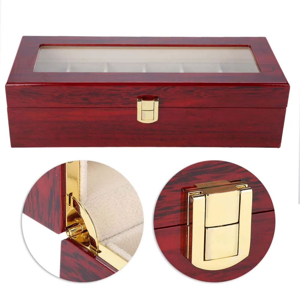 

Пыленепроницаемая деревянная шкатулка для часов на 6 отделений, глянцевая, с глянцевым покрытием, большая вместимость, из красного сандалового дерева, органайзер для хранения и демонстрации часов