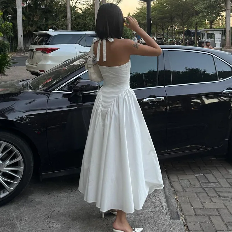 Elegant Retro Women Halter V-neck Backless Sleeveless Big Swing Bodycon Mid Maxi Long Vacation Sexy Party Evening Loose Dresses view 5