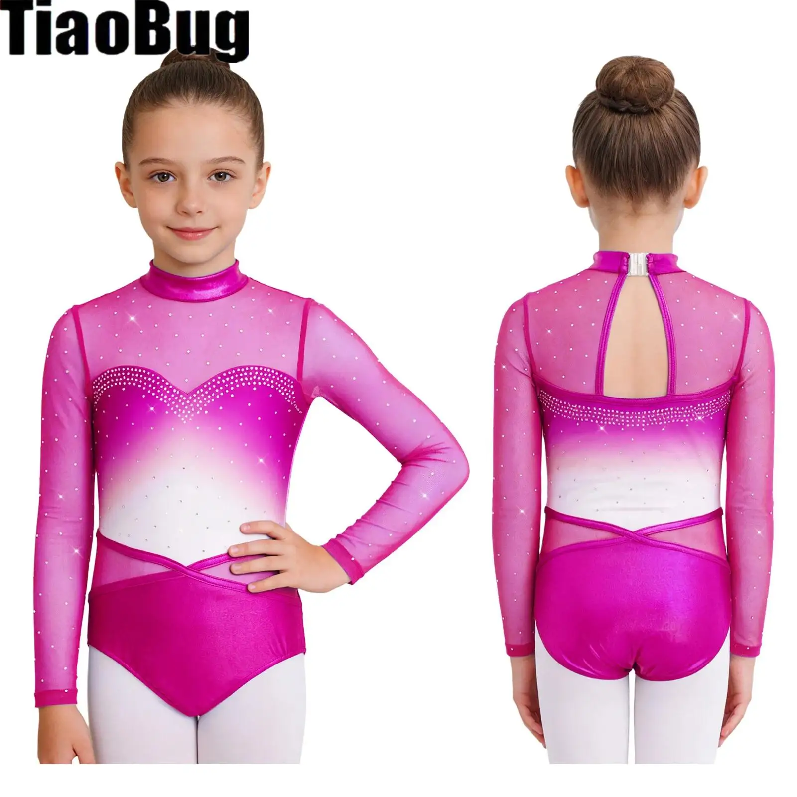 

Kids Girls Gymnastics Leotard Gradient Color Long Sleeve Cutout Back Mesh Patchwork Sparkling Rhinestones Bodysuit