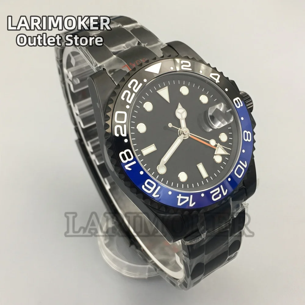 Larimoker 40.5mm nh34 gmt movimento automático masculino moda casual todo-preto relógio de vidro safira verde luminoso à prova dwaterproof água