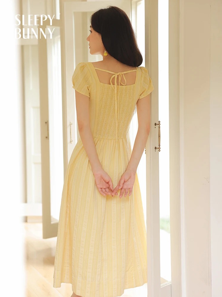 Sweet Vintage Puff Sleeve Dress Women Summer Square Neck Shirred Waist A-Line Midi Soft Lightweight Casual Long Dress Daily Look