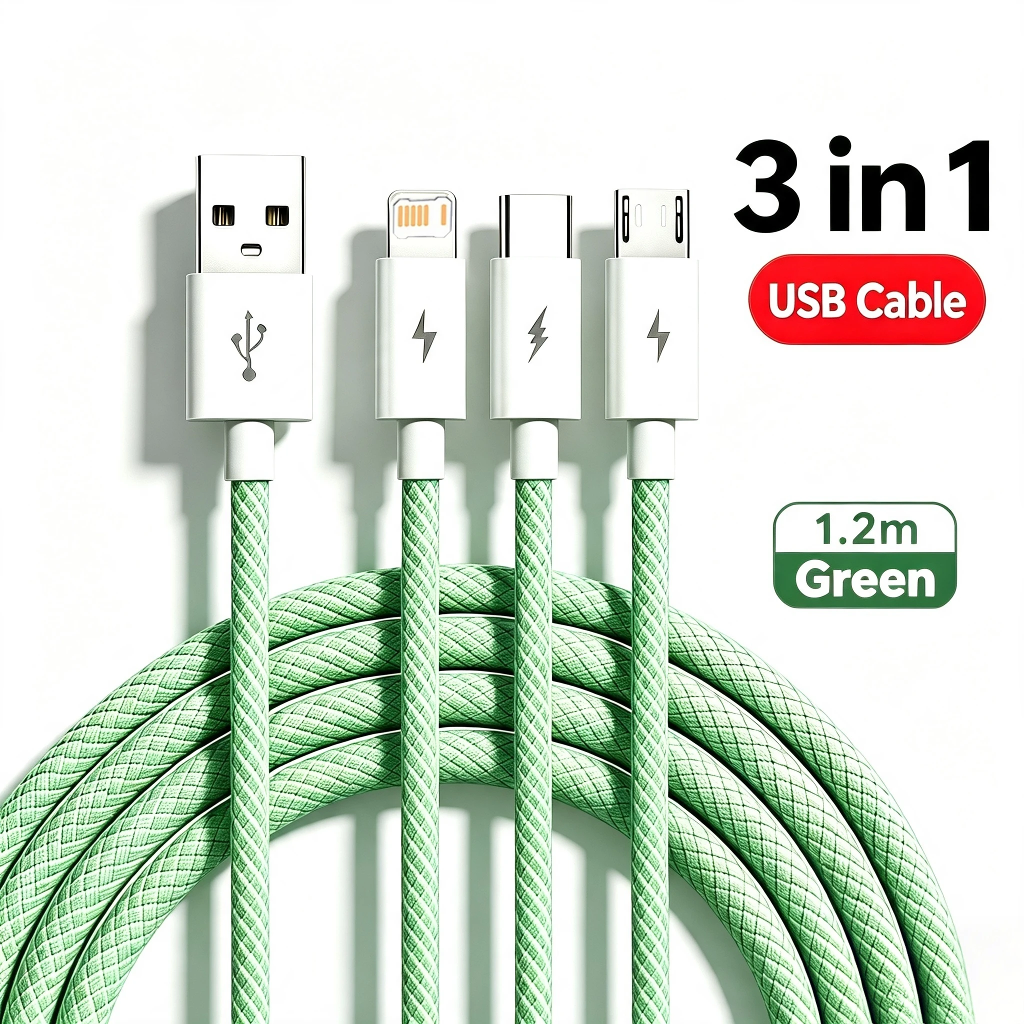 3 in 1 Multi-Port Fast Charging USB-A Cable For iPhone 13 14 Xiaomi Redmi POCO Huawei Honor Micro USB Type C Braided Cable 1.2m