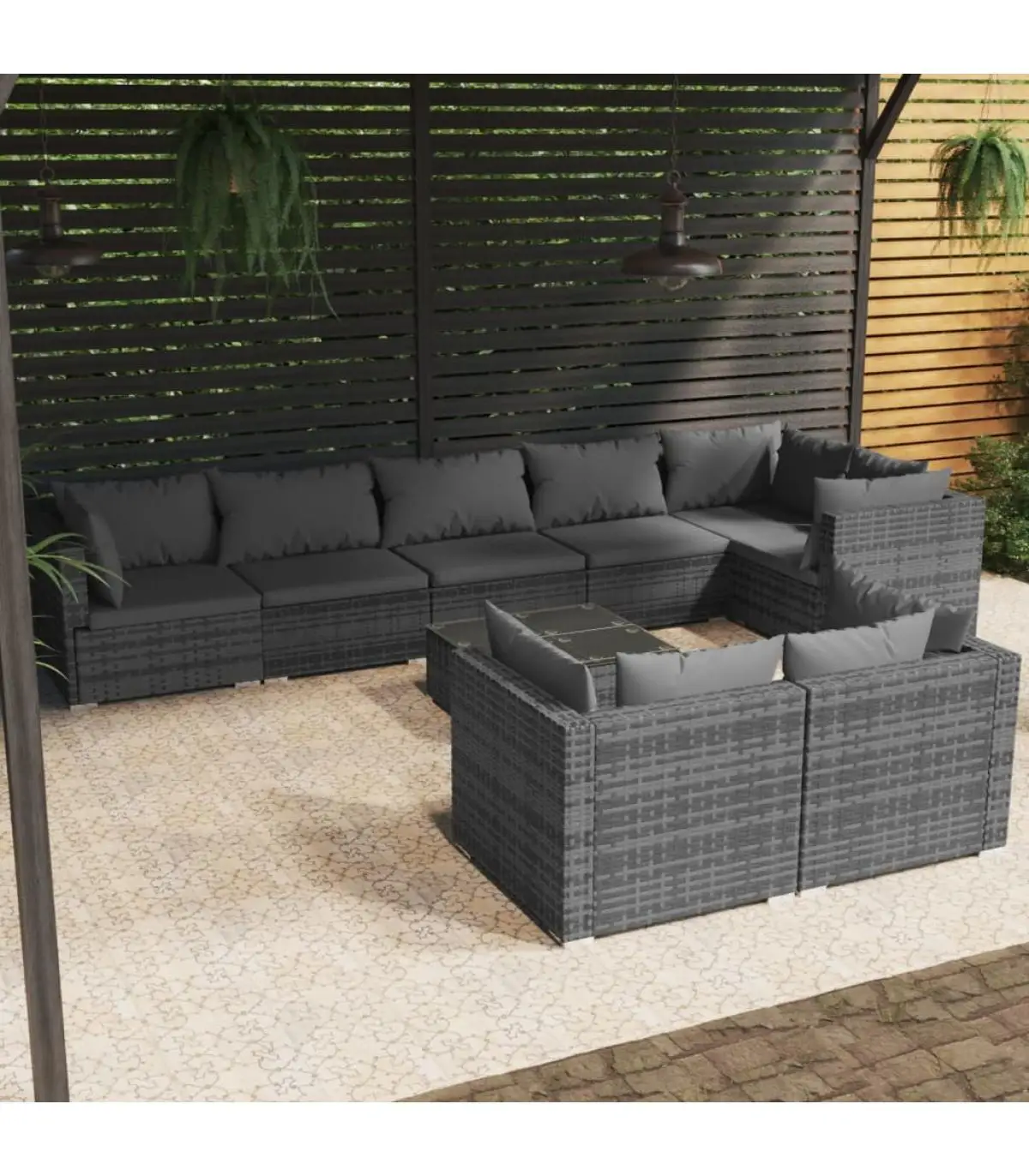 Garden Sets Garden Furniture Set 9 PCs and Cushions Grey Synthetic Rattan