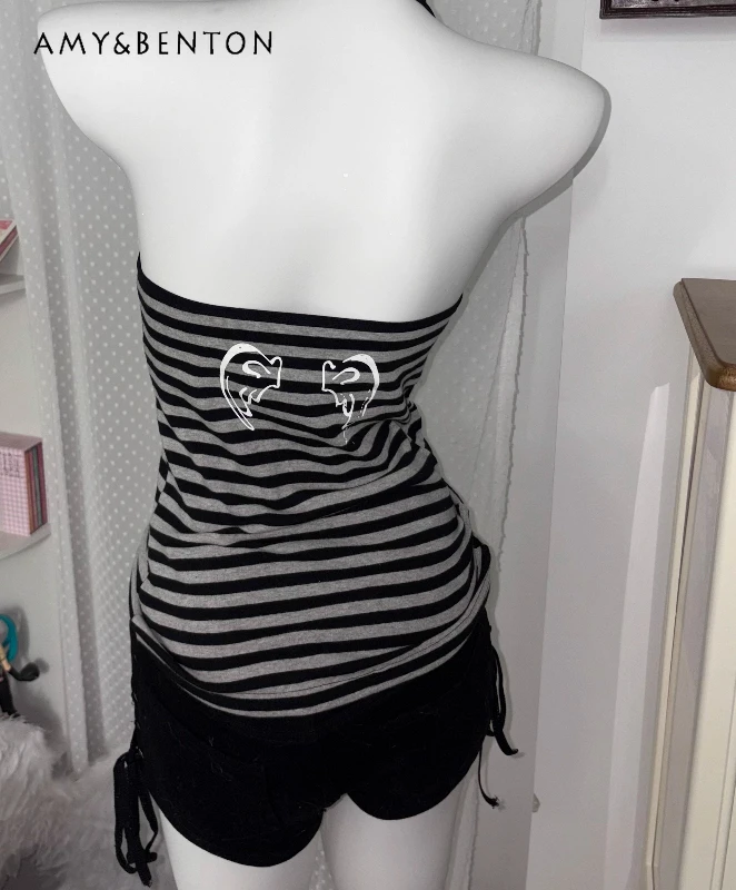 

Оригинальный дизайн, ретро, черный, серый полосатый утягивающий женский жилет с лямкой на шее, новинка лета 2022, женский топ без рукавов с героями мультфильмов аниме