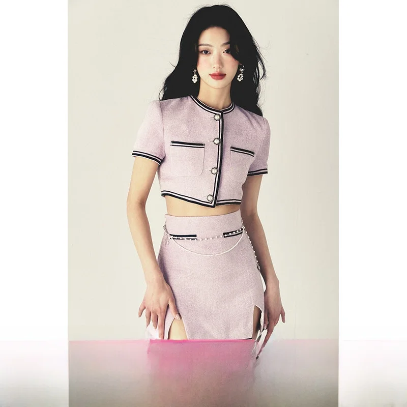 

Original Design Short Pearl Pendant Chain Tweed Two-Piece Set for Women Spring Autumn Purple Hot Girl Style Slim Fit Fashion Set