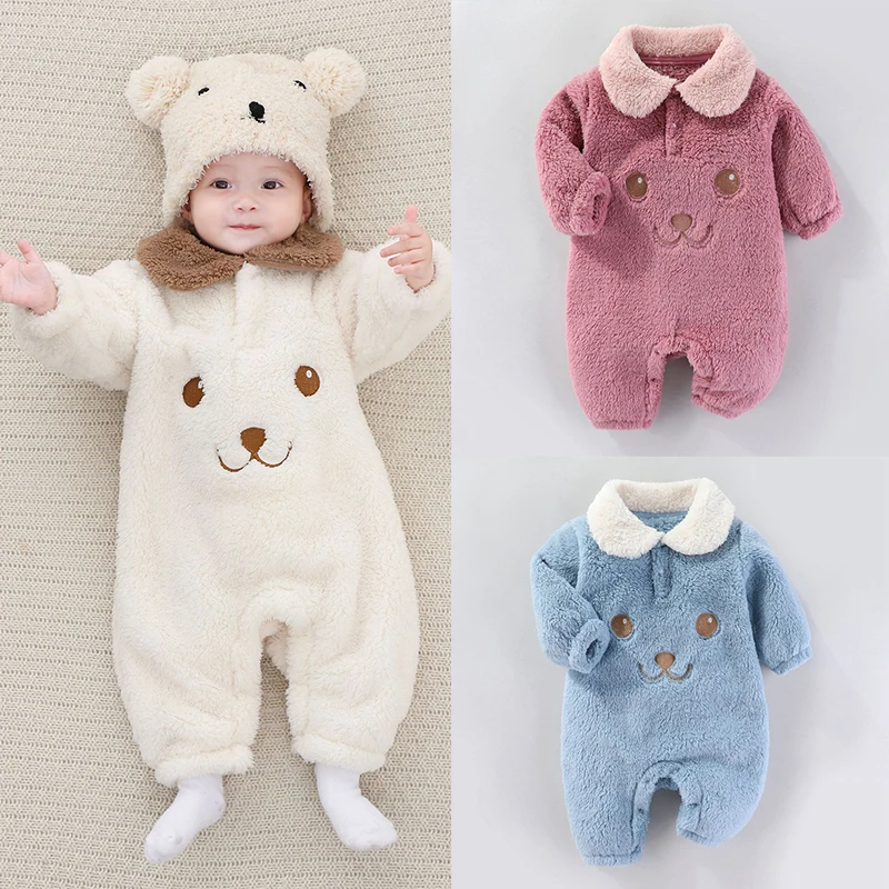 

Winter Baby Plush Thickened Jumpsuit Newborn Boys and Girls' Lapel Long Sleeved Romper Baby clothes 0 to 12 Months