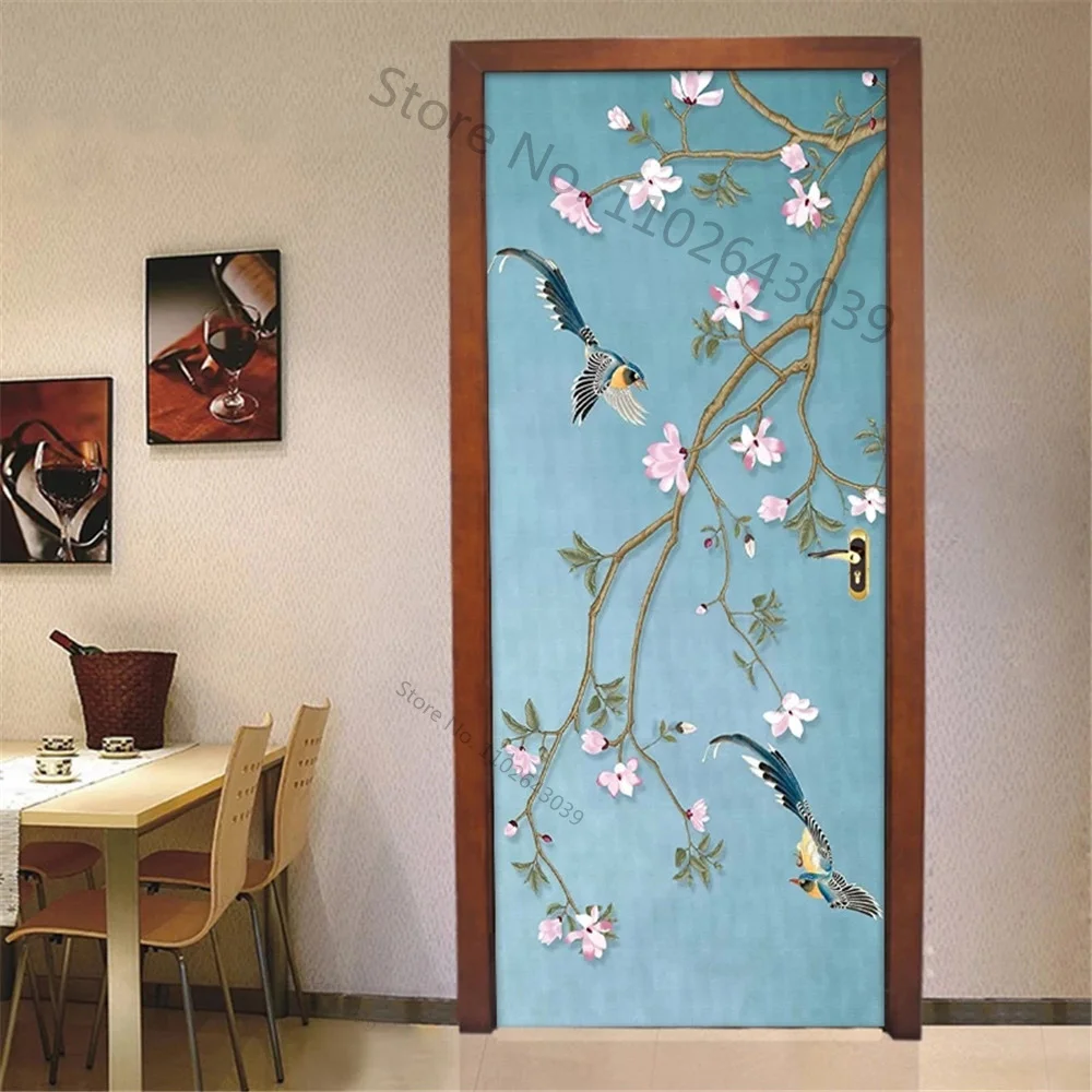 Pastoral Flower Leaf 3D Door Stickers Self Adhesive PVC Retro Jungle Door Wrap Sticker Cover Wallpaper Fridge Art Mural Decor