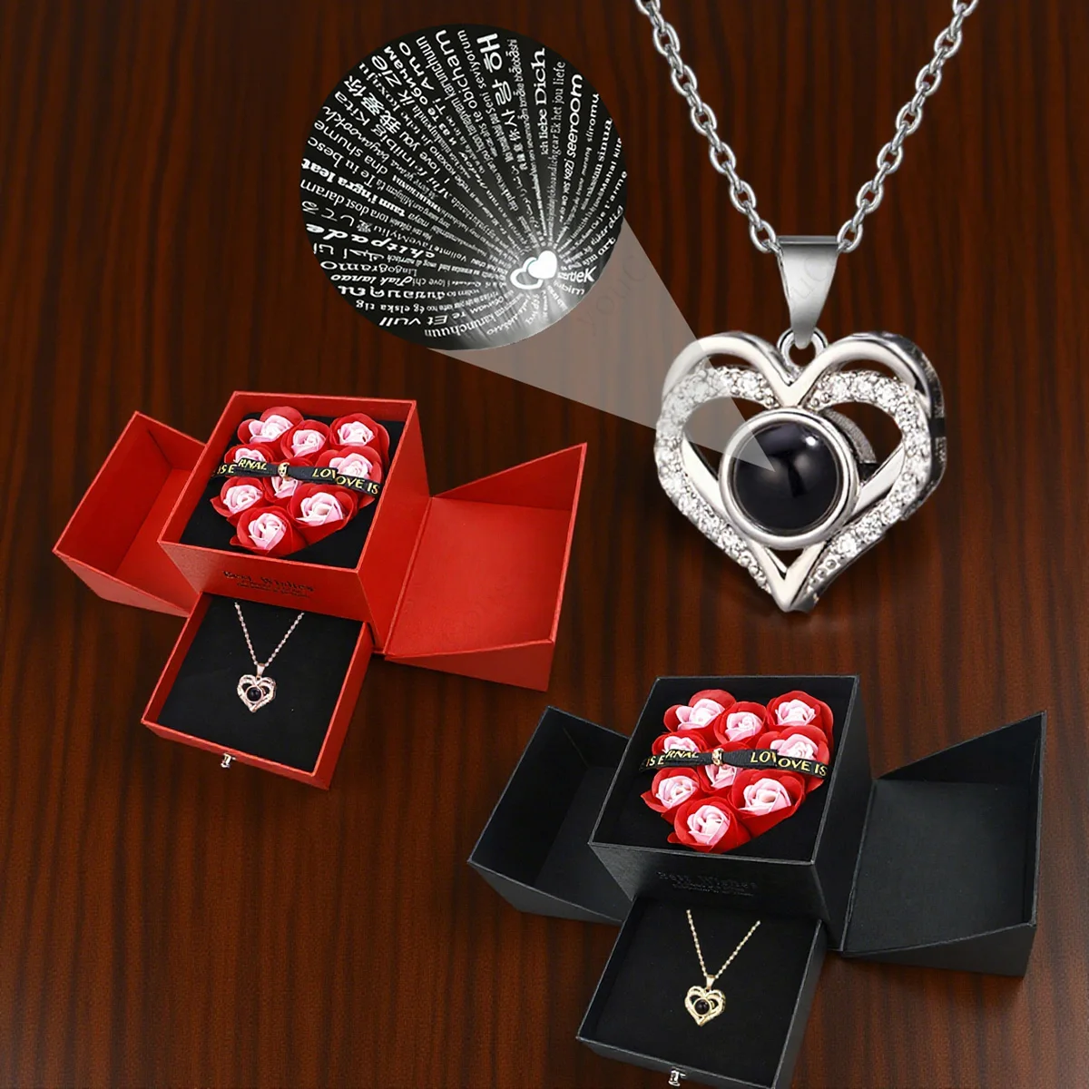 100 Languages Projection Pendant Necklace With Rose Bow Gift Box Jewelry For Wife Girlfriend Valentine Christmas Birthday Gift