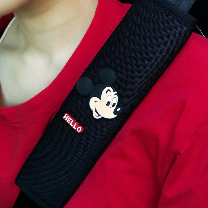 2pcs Disney Mickey Mouse Anime Seat Belt Cover Car Decoration Action Figures Toy Minnie Cars Shoulder Covers Kids Birthday Gifts