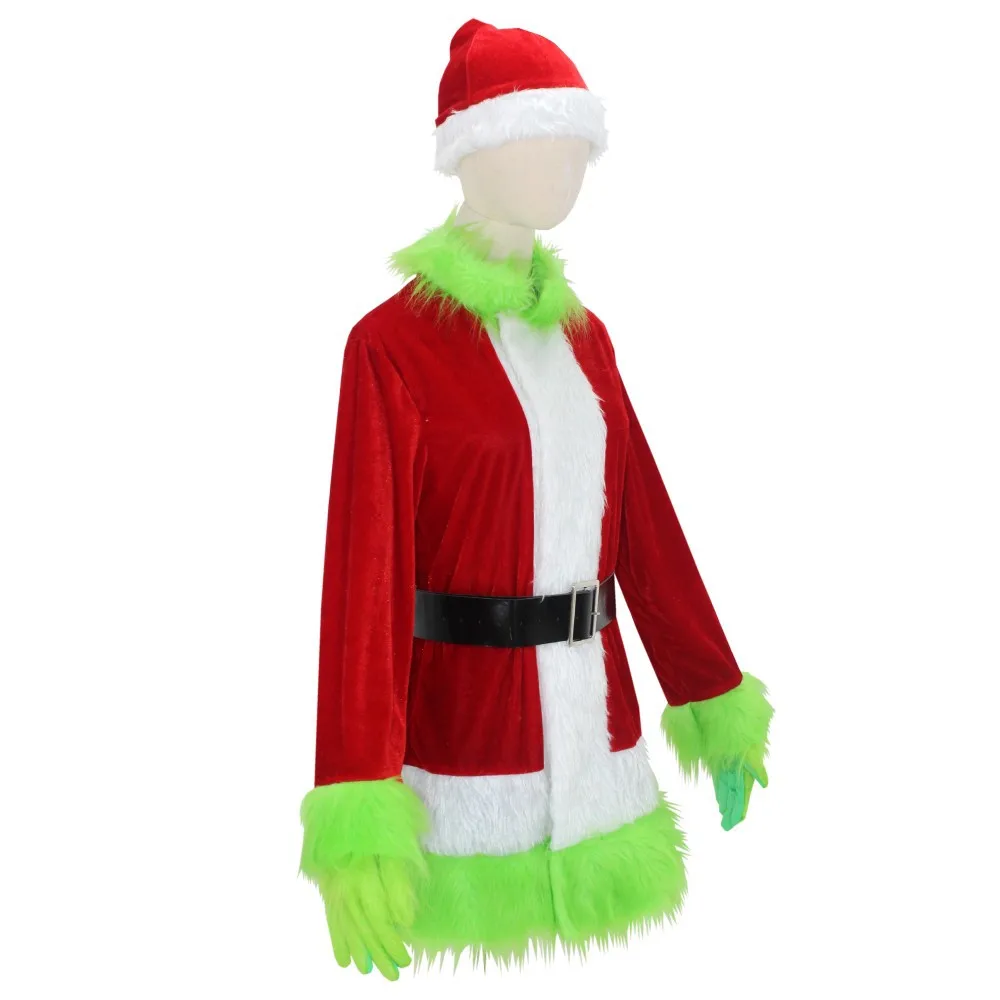 Santa Claus Costume Set Christmas Party Prom Adult Role Playing Green outfit Monster Shaggy Halloween Cosplay Suit Gloves Mask